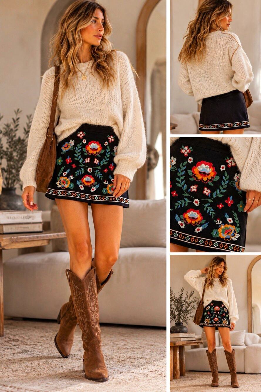 Flying Tomato Black Corduroy Embroidered Floral Mini Skirt Zip Closure Size L
